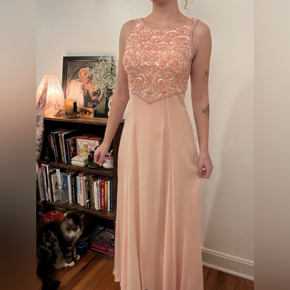 VTG Alyce Designs Pink Sequin Beaded Sleeveless Dress Size 8 formal 100% silk